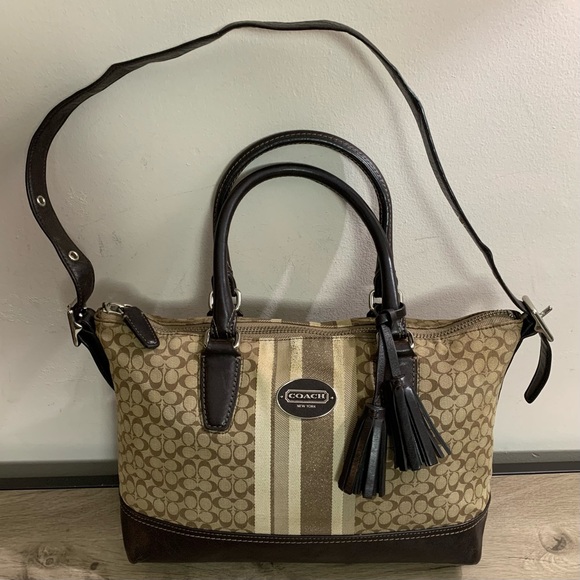 COACH Brown & Beige LEGACY Signature STRIPE Tassel MOLLY Carry All PURSE Bag - Picture 1 of 7